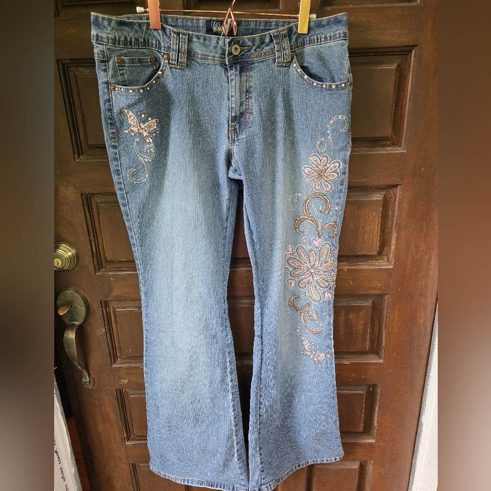 90s Y2K Angels Butterfly Embroidered Rhinestone Embellished Flare Denim Size 17